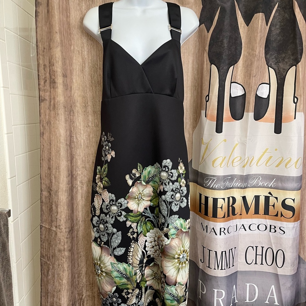Ted Baker Midi Floral Black Dress with adjustable straps & gold tone zipper sz 5